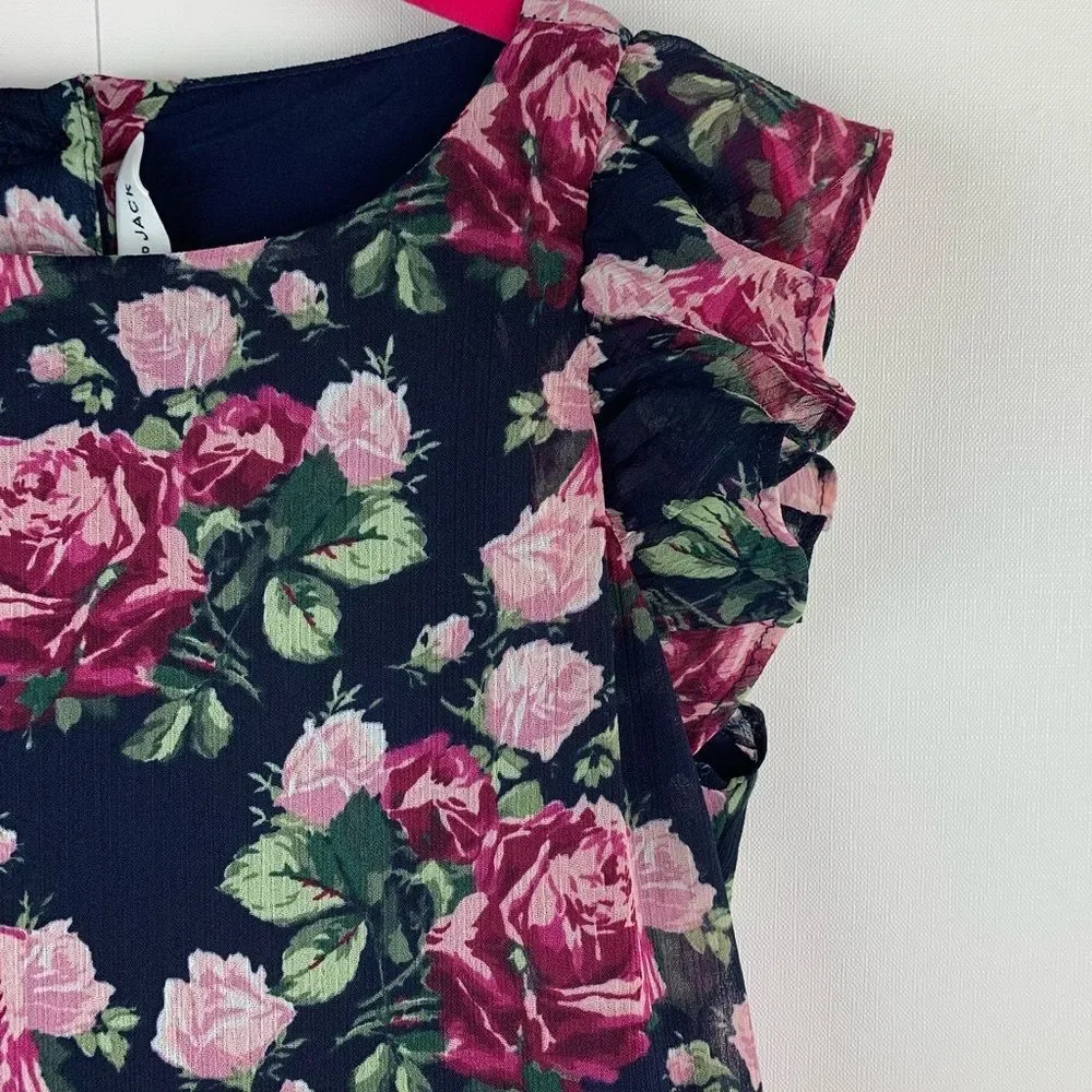Janie And Jack Girl’s Navy Pink Floral Chiffon Ruffle Dress Size 7
